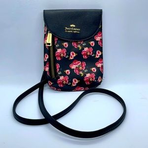 Juicy Couture Small Crossbody Bag, 7-1/8” by 5-1/4”. Black, with Pink Roses.